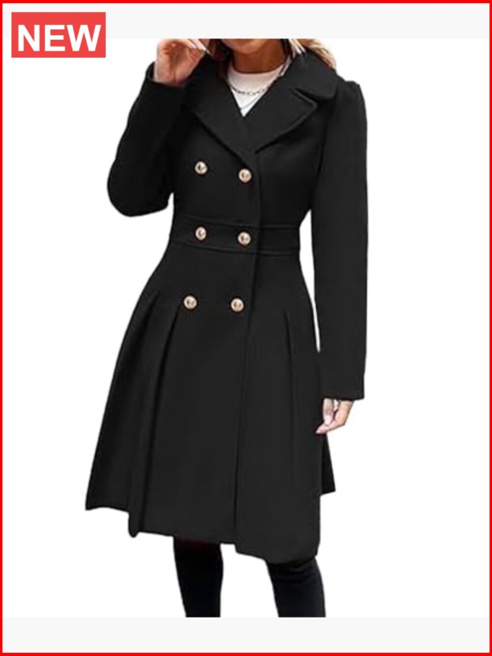 Double Breasted Trench Coat Notch Lapel A-Line Flared Pleated Wool Blend Pea - Picture 2 of 5